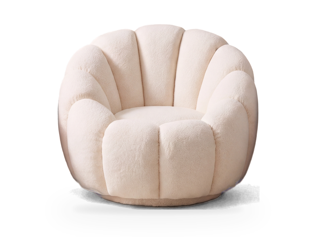Fauteuil nuage Cloud en peluche écru vu de face, dossier arrondi à côtes