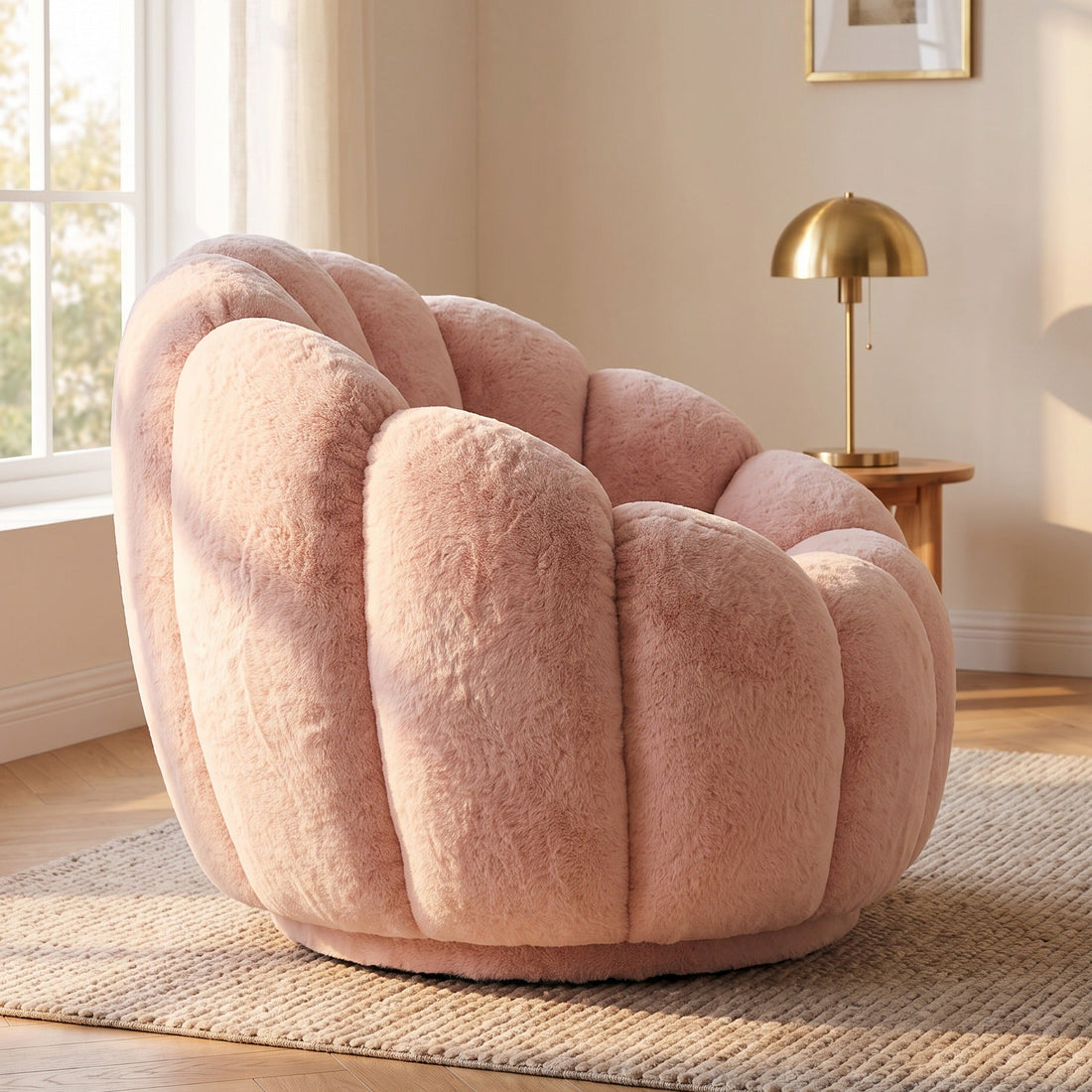 Fauteuil nuage Cloud en peluche rose poudré vu de profil dans un salon chaleureux