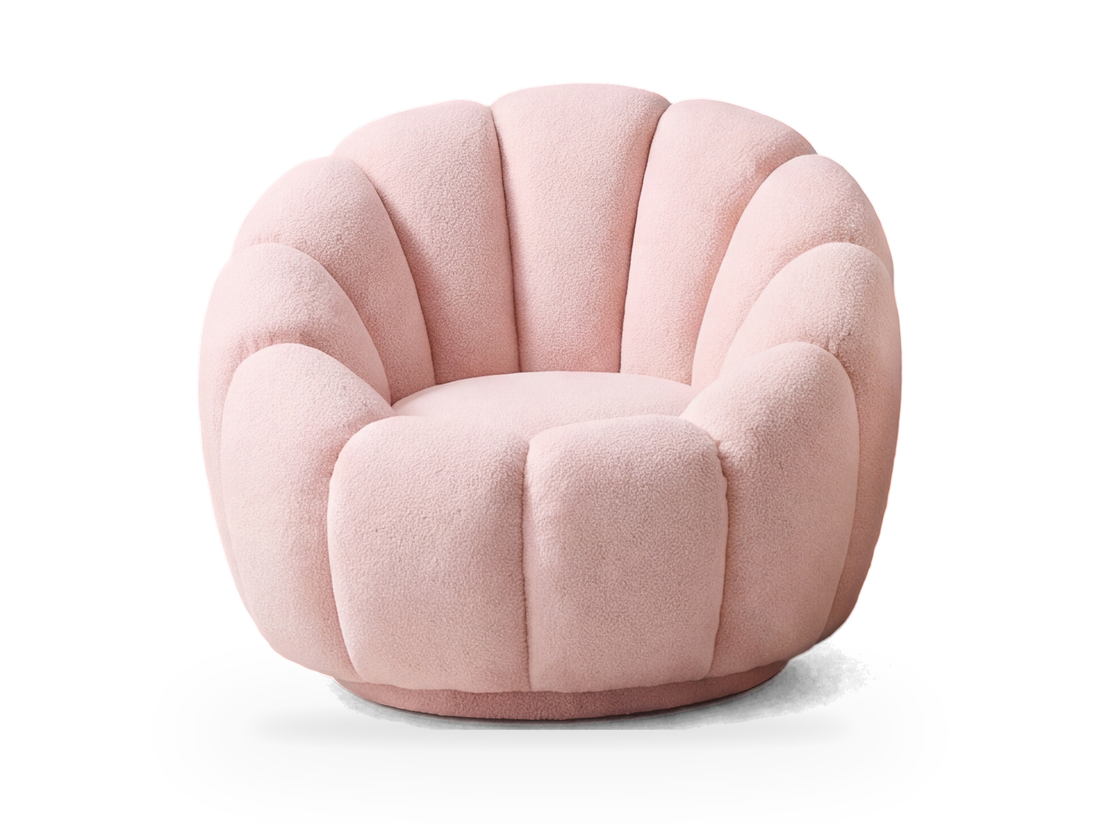 Fauteuil nuage Cloud en peluche rose poudré vu de face, dossier arrondi à côtes