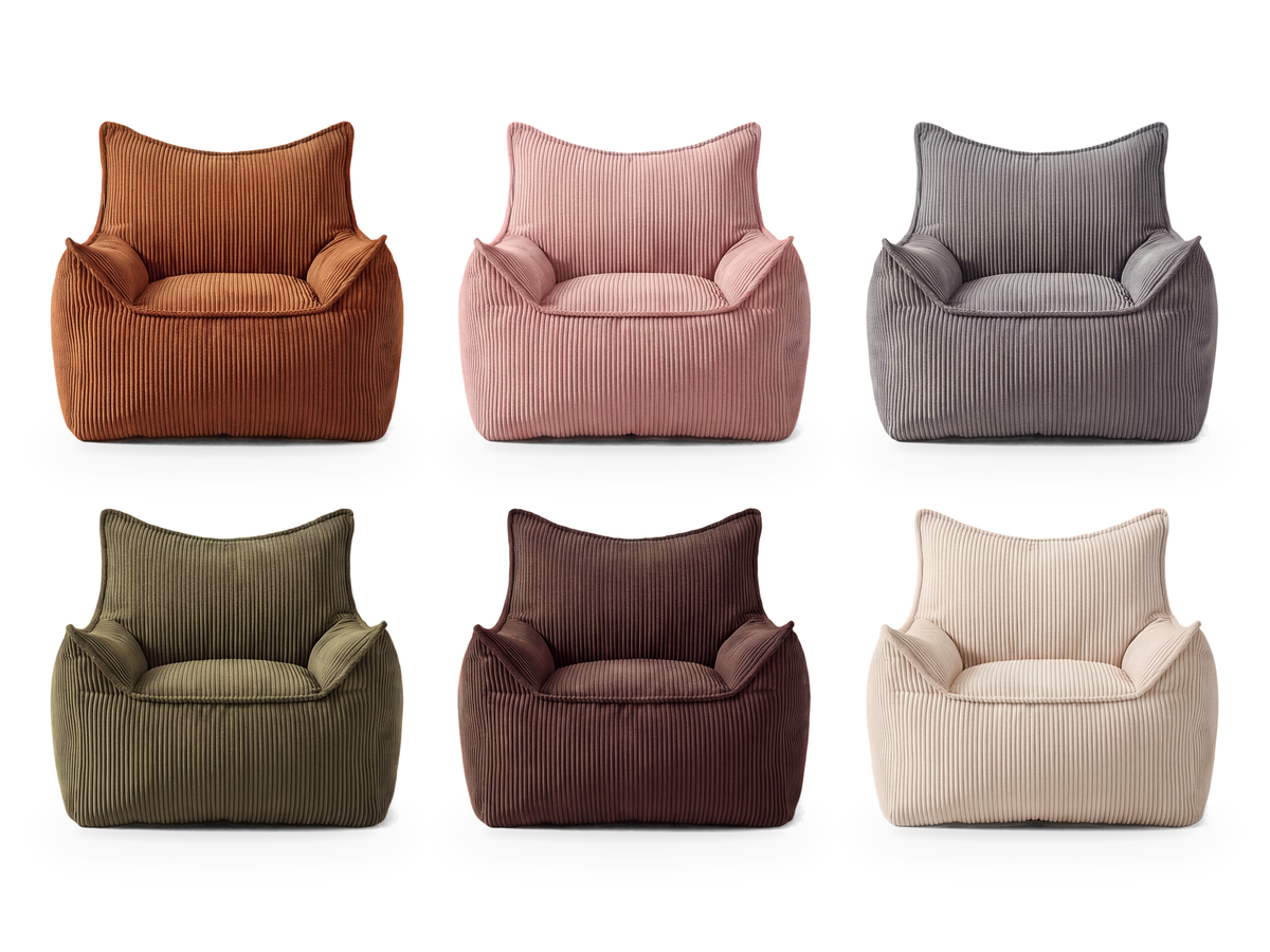Pouf fauteuil en velours côtelé, les 6 coloris vus de face