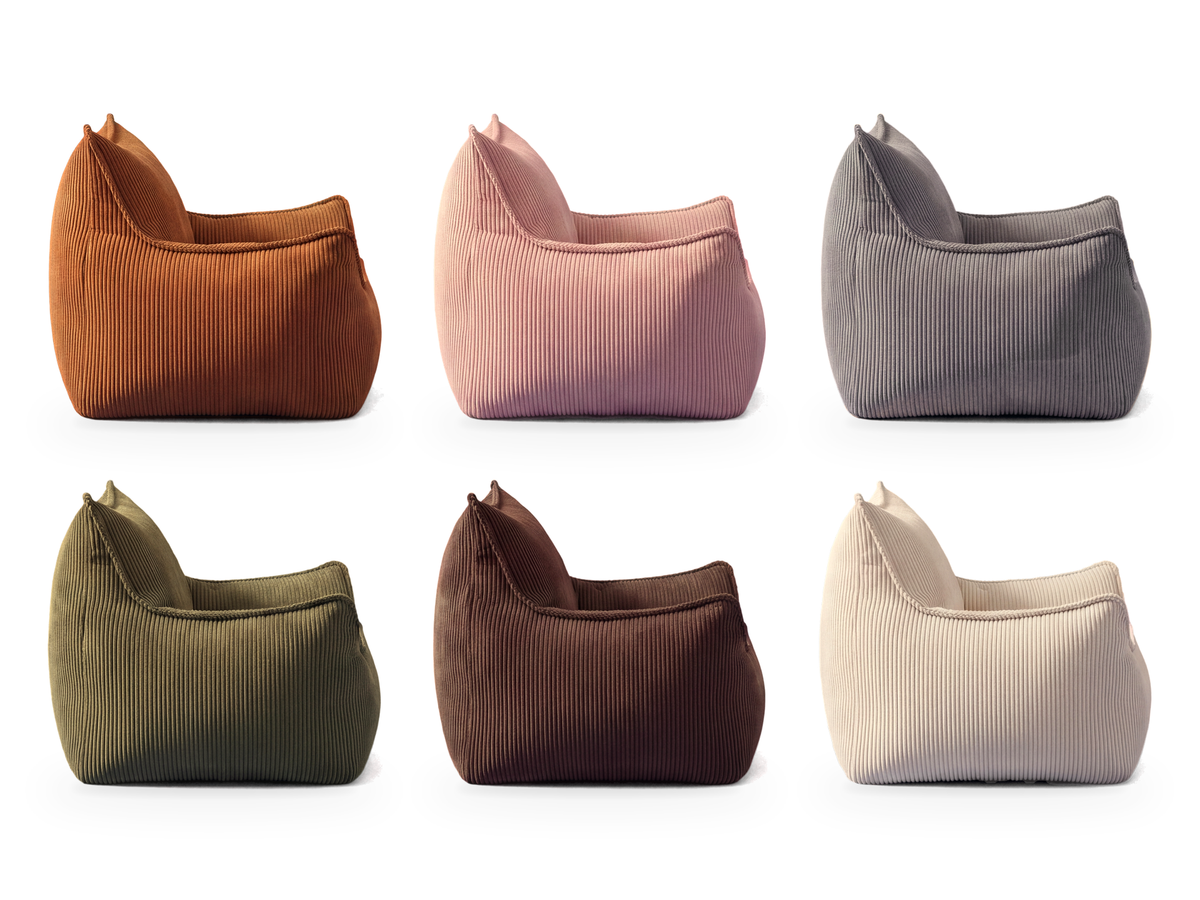 Pouf fauteuil en velours côtelé, les 6 coloris vus de profil