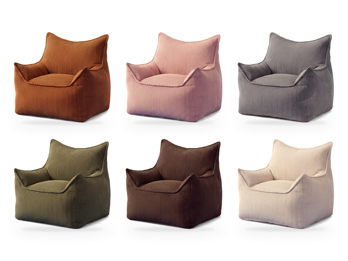 Pouf fauteuil en velours côtelé, les 6 coloris vus de trois quarts