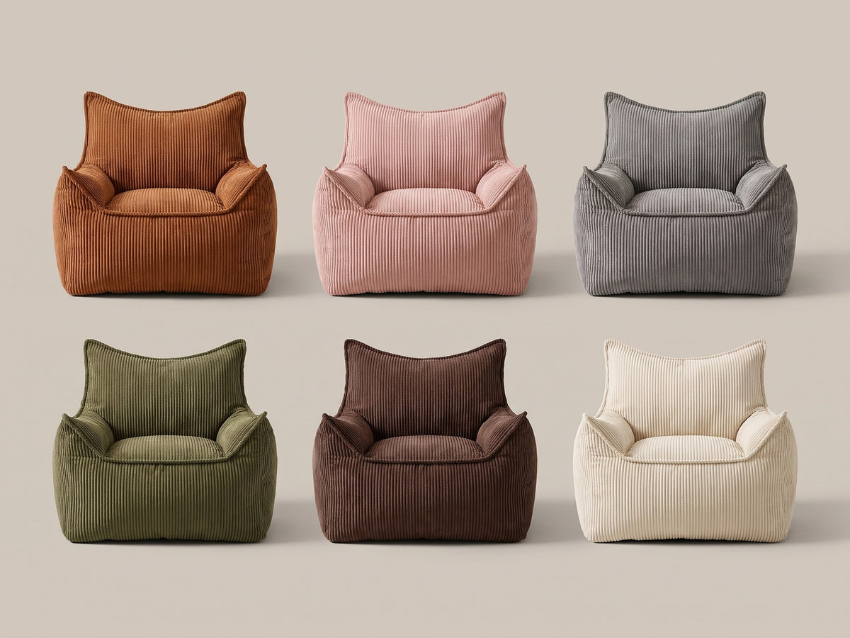 Pouf fauteuil en velours côtelé en 6 coloris : caramel, rose poudré, gris, vert olive, chocolat et écru