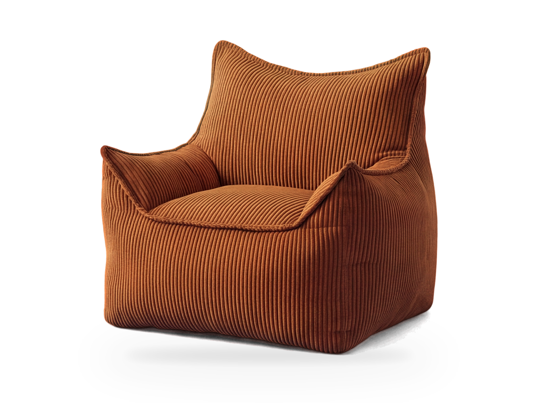 Pouf fauteuil caramel en velours côtelé vu de trois quarts, assise au sol sans pieds