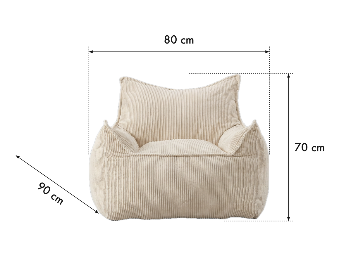 Dimensions du pouf fauteuil en velours côtelé : largeur 80 cm, profondeur 90 cm, hauteur 70 cm