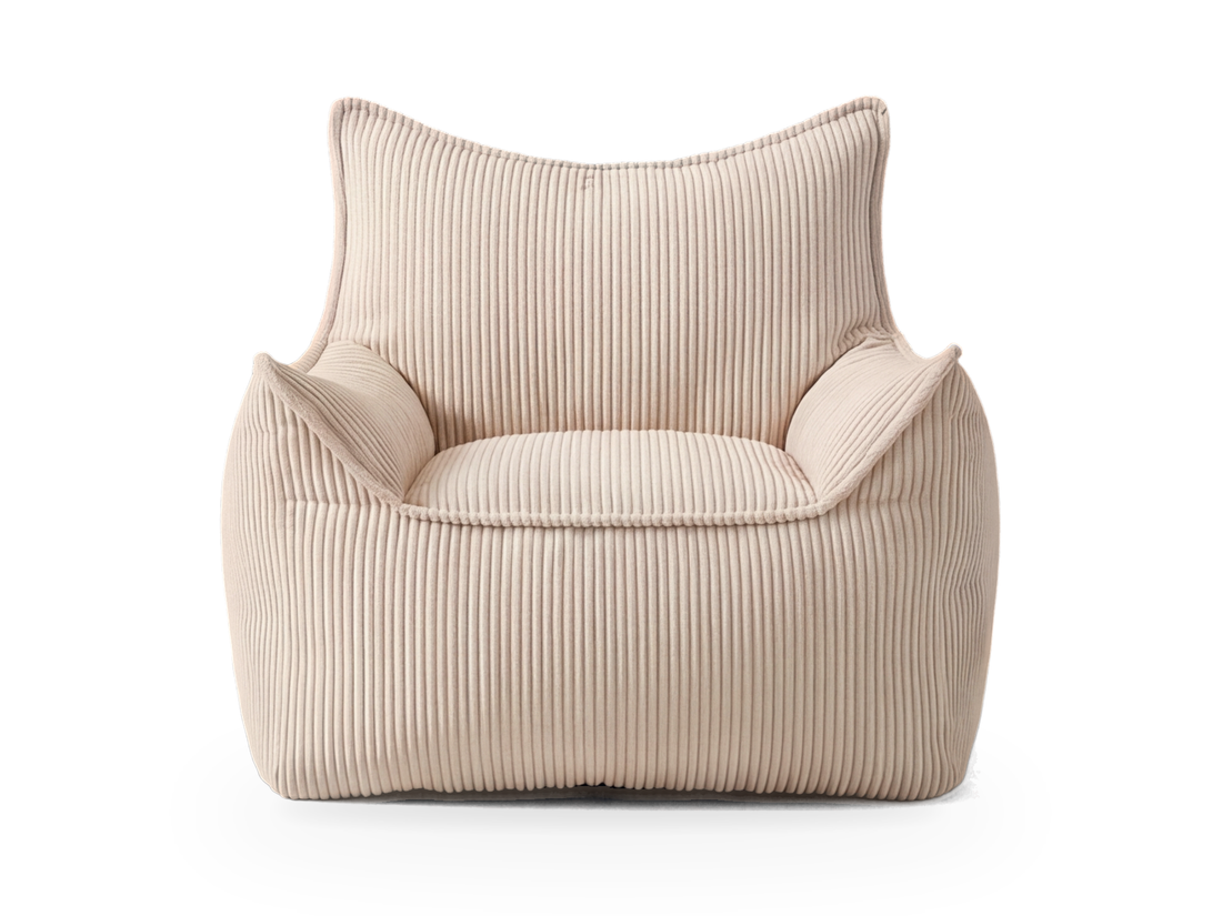Pouf fauteuil en velours côtelé écru vu de face, dossier et accoudoirs à oreilles