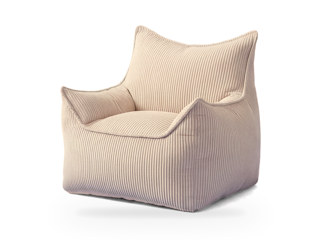 Pouf fauteuil écru en velours côtelé vu de trois quarts, assise au sol sans pieds