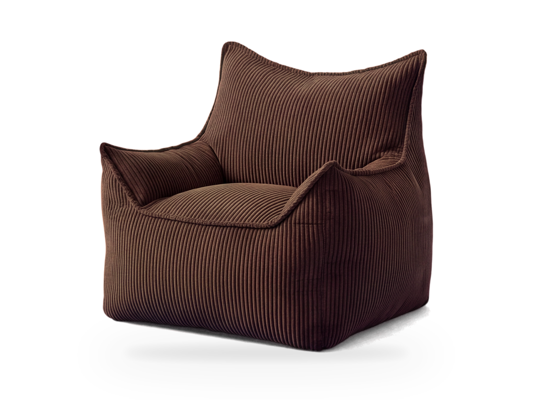 Pouf fauteuil marron chocolat en velours côtelé vu de trois quarts, assise au sol sans pieds