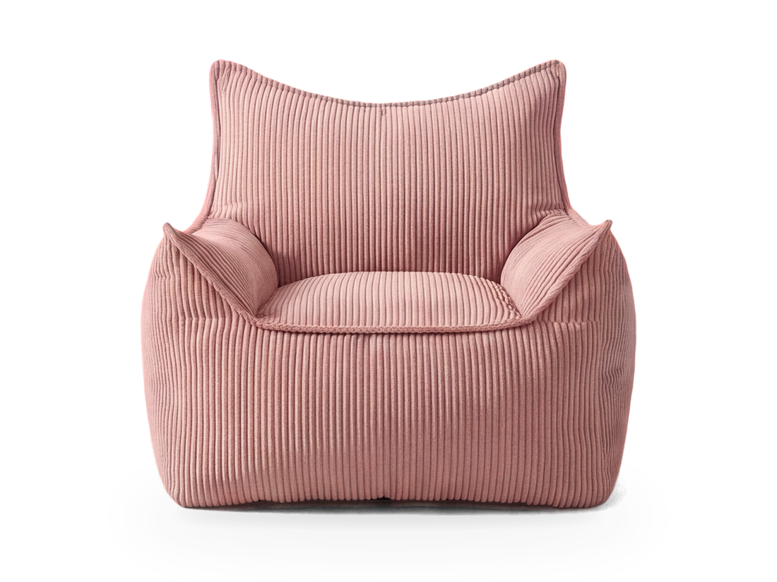 Pouf fauteuil en velours côtelé rose poudré vu de face, dossier et accoudoirs à oreilles