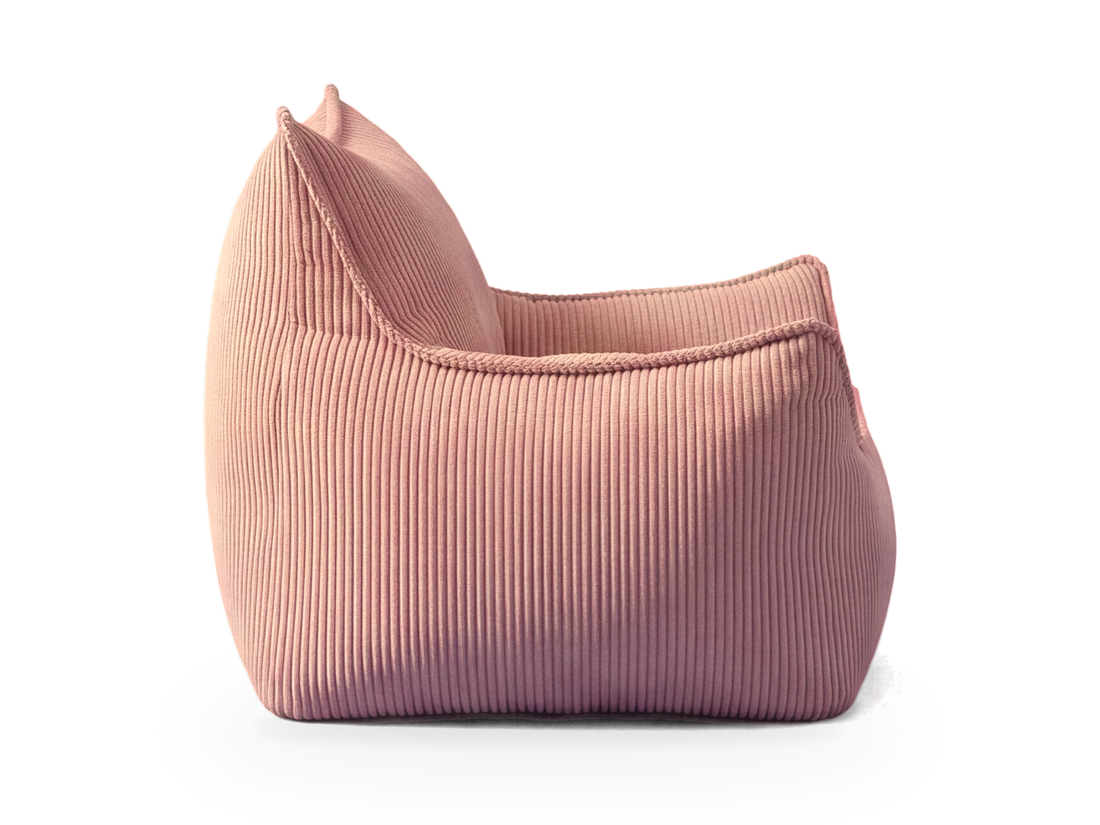 Pouf fauteuil en velours côtelé rose poudré vu de profil
