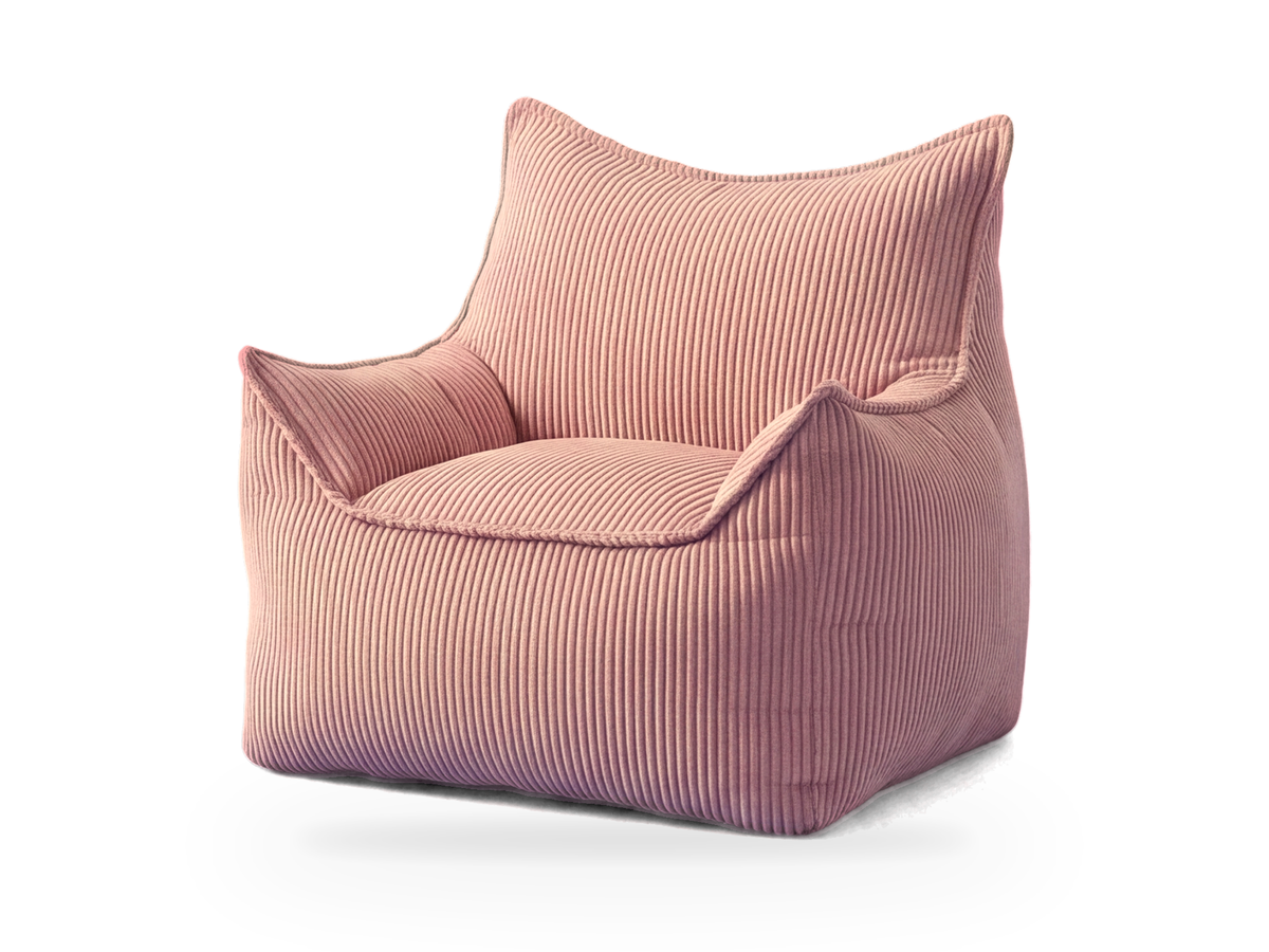 Pouf fauteuil rose poudré en velours côtelé vu de trois quarts, assise au sol sans pieds