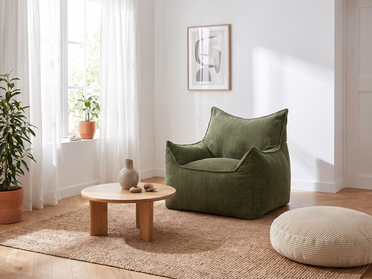 Pouf fauteuil vert olive en velours côtelé à côté d'une table basse et d'un coussin de sol