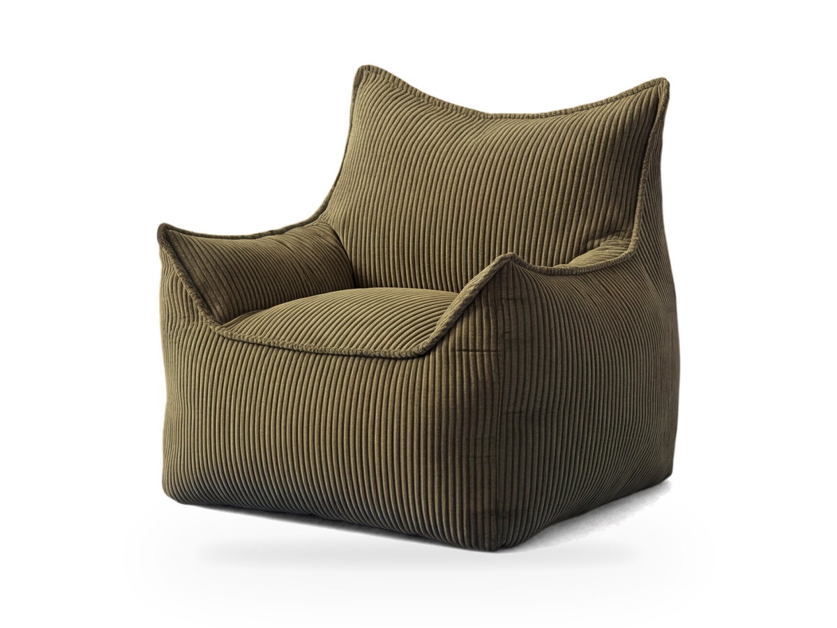 Pouf fauteuil vert olive en velours côtelé vu de trois quarts, assise au sol sans pieds